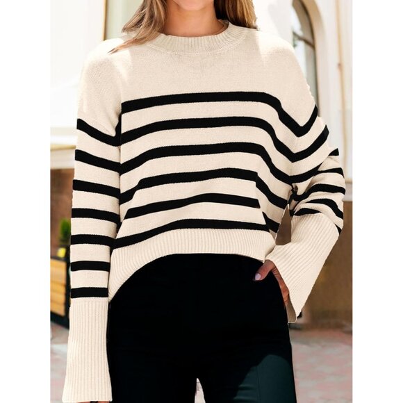 Womens Oversized Striped Sweater Knit Fall Long Sleeve Crew Neck Casual - Picture 3 of 5